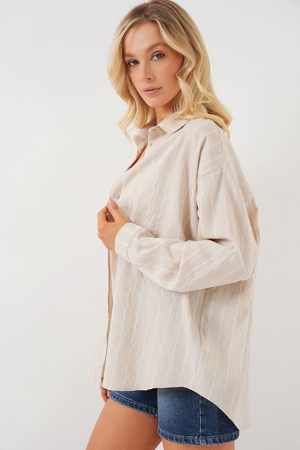 3900 Oversize Kareli Gömlek - Y.bej - 3