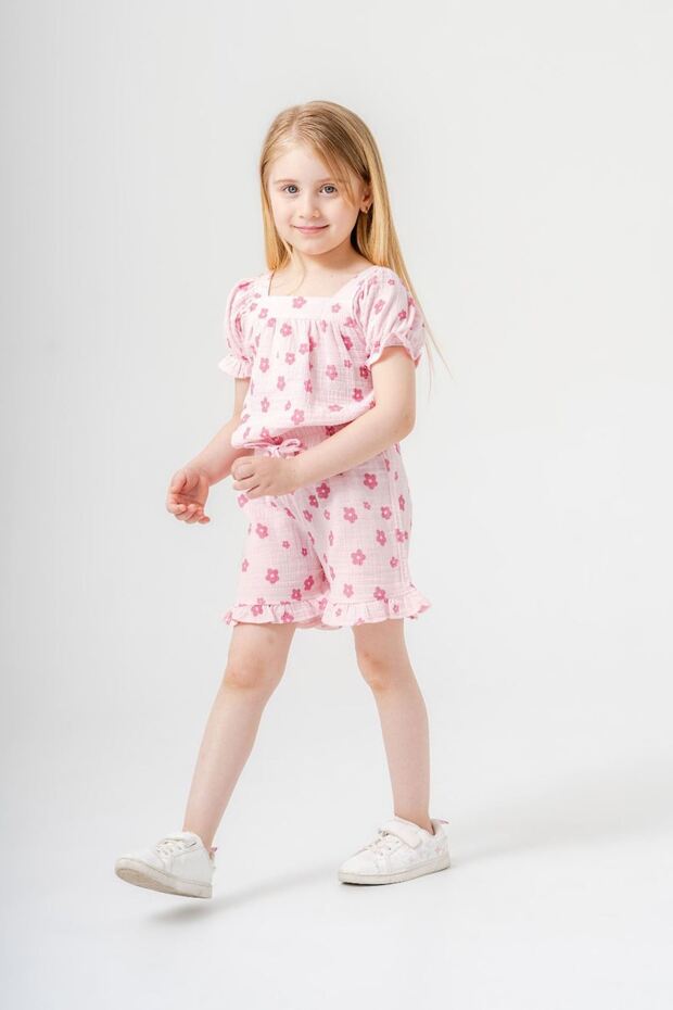 Mini Girl's Muslin Girl's Shorts Set with Flower Print - Pink