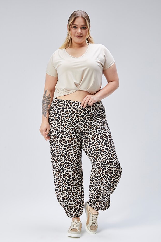 Plus Size Leopard Patterned Viscose Trousers with Elastic Waist and Legs and Side Slits - 3
