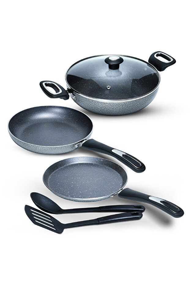 Nonstick Granite Cookware Set–6PiecePremium Induction with Fry Pan,Kadai,GlassLid&Spatulas-GreyMFKT6