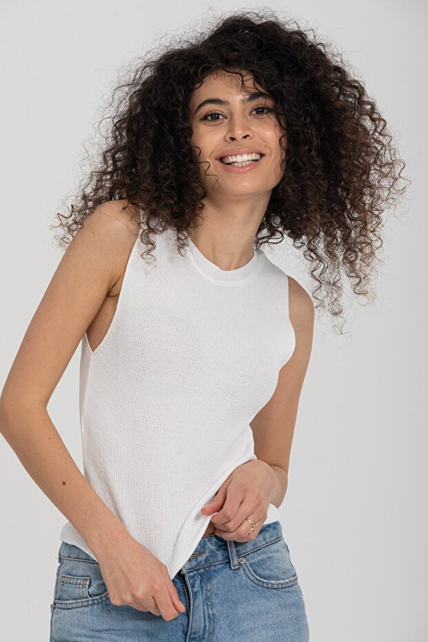 Basic Beyaz Kolsuz Crop Kadın Triko - 7