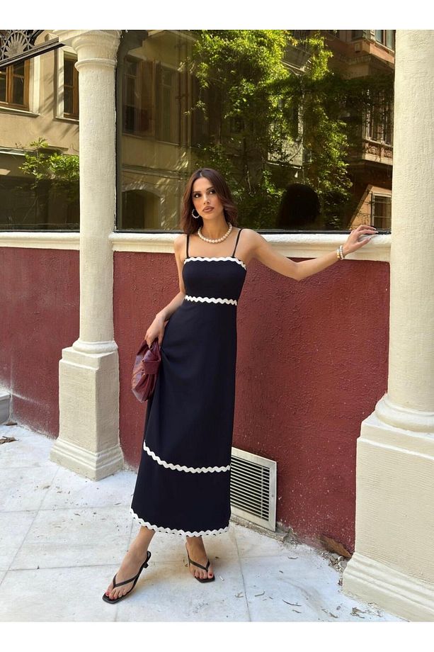 Sendy Krep Kumaş Askılı Elbise - 4