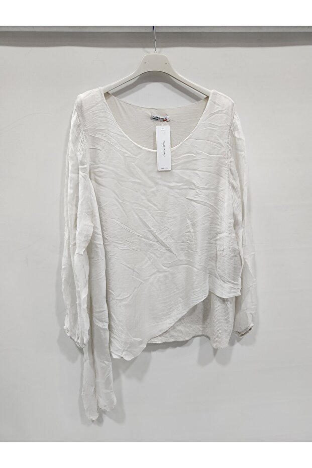 Beige Italian Asymmetrical Cut Hem Sequin Silk Blouse