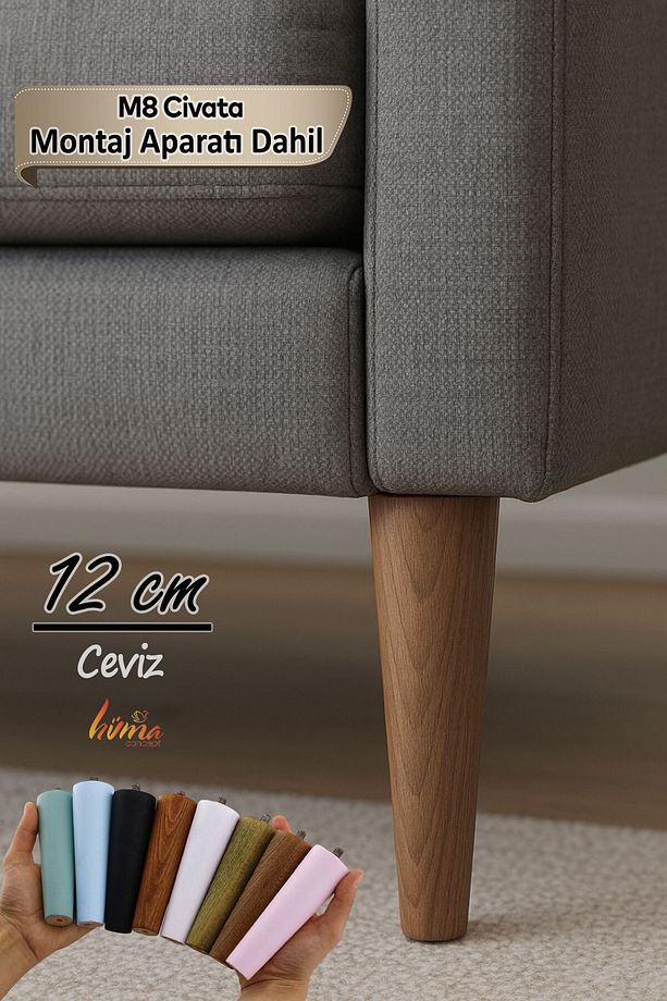 Ahşap Ayak 12 Cm Ceviz M8 Civatalı Bağlantı Aparatlı Dolap Mobilya Koltuk Kanepe Destek Ayağı Ayak - 1