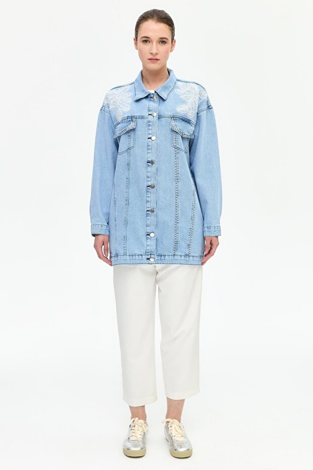 Brode ve İnci Detaylı Kot Ceket Mavi - 1