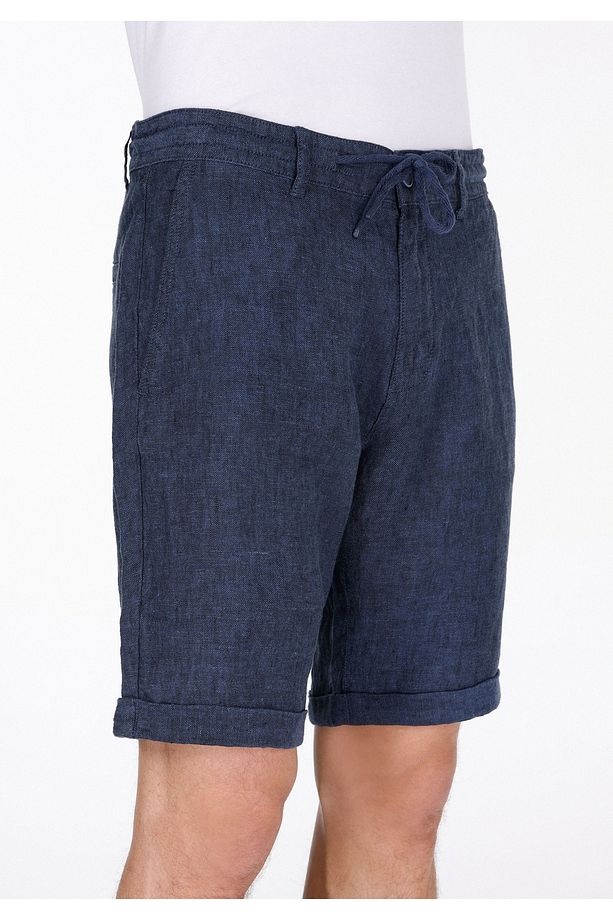 Regular Fit Orta Bel Düz Erkek Keten Karışımlı Lacivert Şort - 4