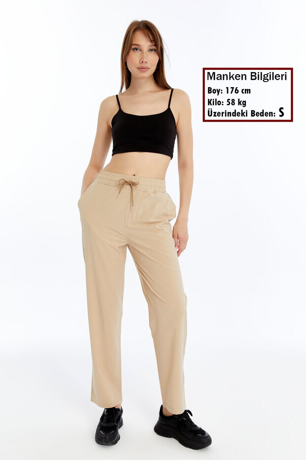 Women's Beige Summer Oversize Straight Leg Parachute Fabric Sweatpants Loose Relaxed Trousers