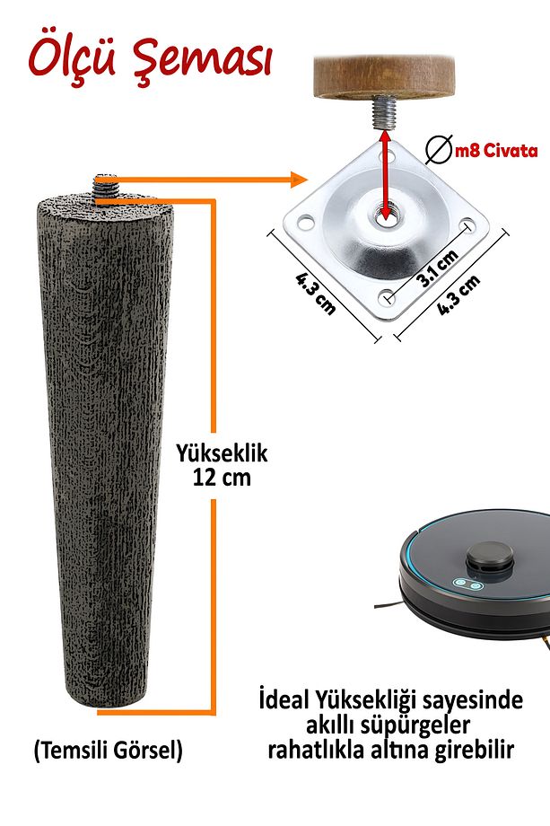 Ahşap Ayak 12 Cm 2'li Set Açık Meşe M8 Civatalı Bağlantı Aparatlı Dolap Mobilya Koltuk Kanepe Destek - 2