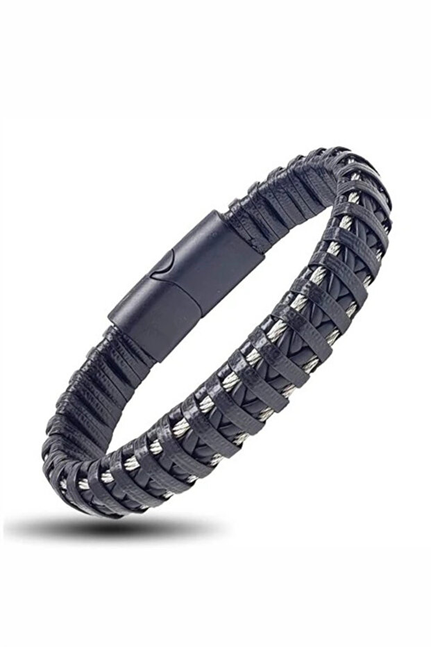 White Detailed Knitted Leather Men's Bracelet