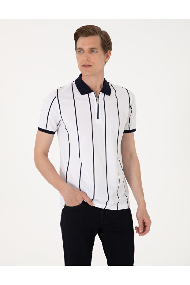 Navy Blue Stripe Detailed Slim Fit 100% Cotton Zippered Polo Collar T-Shirt 50307519-Vr033