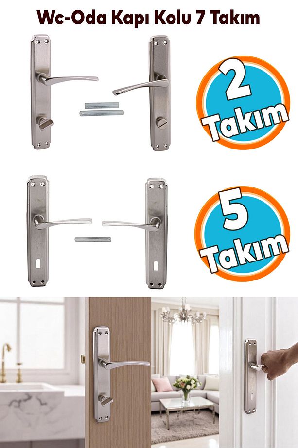 ( 5 Takım ) Oda Kapı Kolu + ( 2 Takım ) Wc Banyo Kapı Kolu Sağa Sola Uygun Tuvalet Kapı Kolu Seti - 1