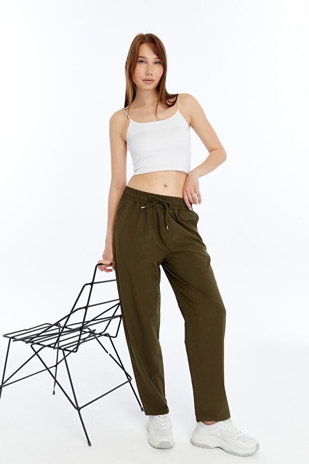 Women's Khaki Summer Oversize Straight Leg Parachute Fabric Sweatpants Loose Relaxed Trousers