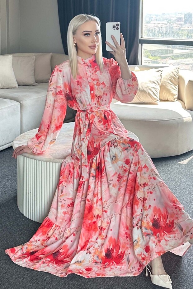 Patterned Hijab Dress Salmon 526-1