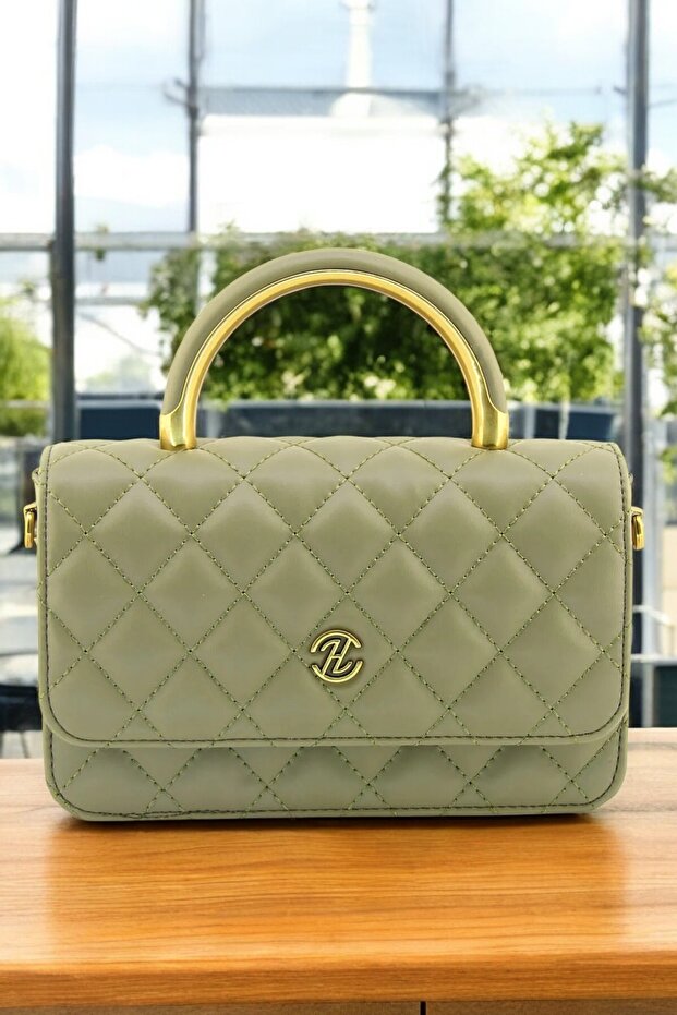 Women's Khaki Quilted Box Double Strap Cross Evening Dress Hand Bag