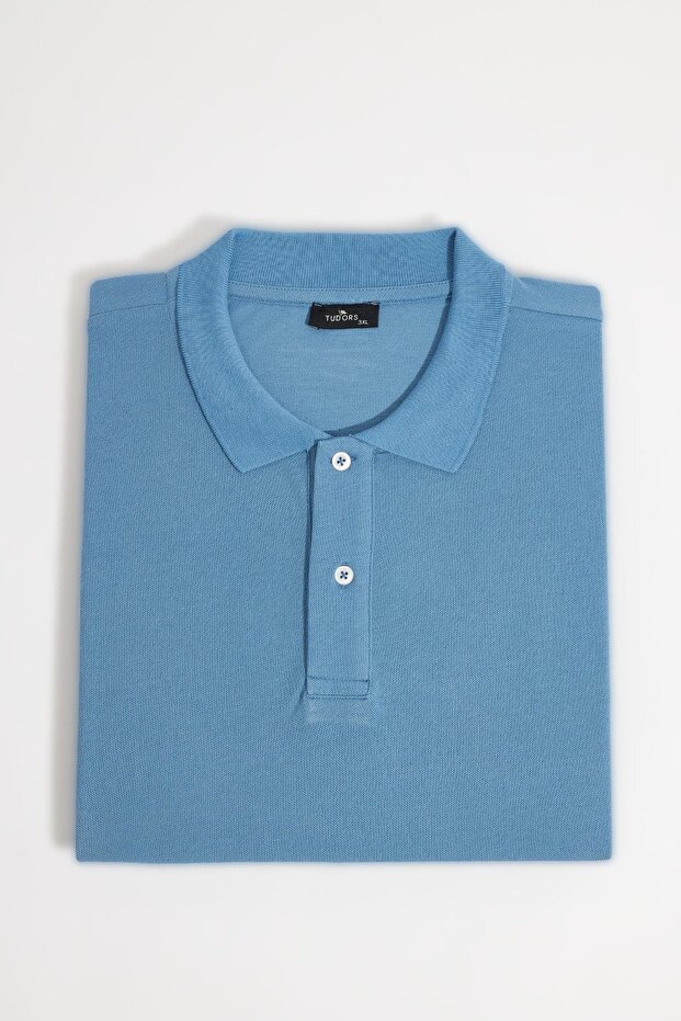 Men's Big Size 100% Cotton Plain Pique Short Sleeve Blue Polo Collar T-Shirt