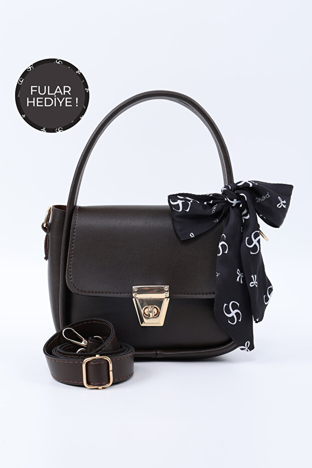Brown Color Shk235 Faux Leather Single Compartment Handbag and Shoulder Bag with Scarf Gift