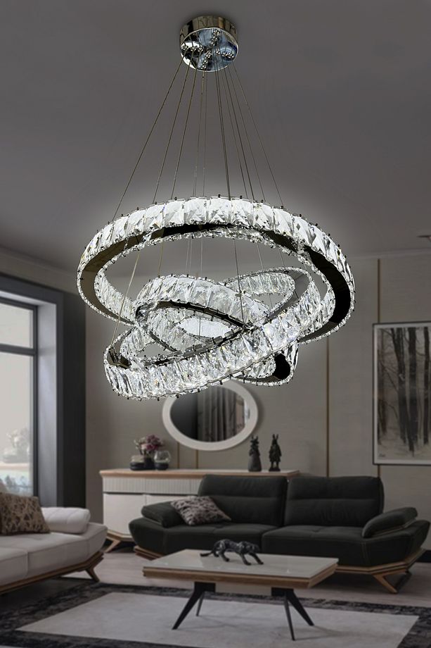 Bestof 3 Katlı Daire Taşlı Ledli Modern Avize Kumandasız Krom - 1