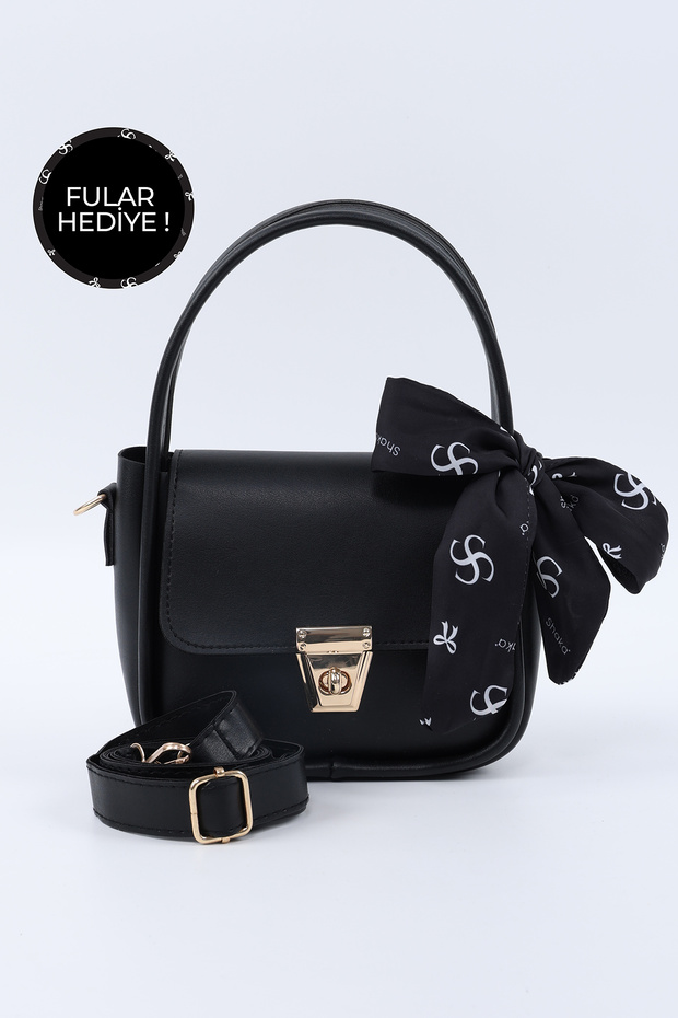Black Shk235 Faux Leather Single Compartment Handbag and Shoulder Bag with Scarf Gift