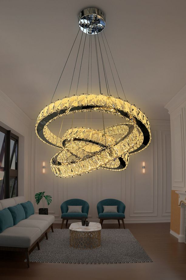 Bestof 3 Katlı Daire Taşlı Ledli Modern Avize Kumandasız Krom - 5