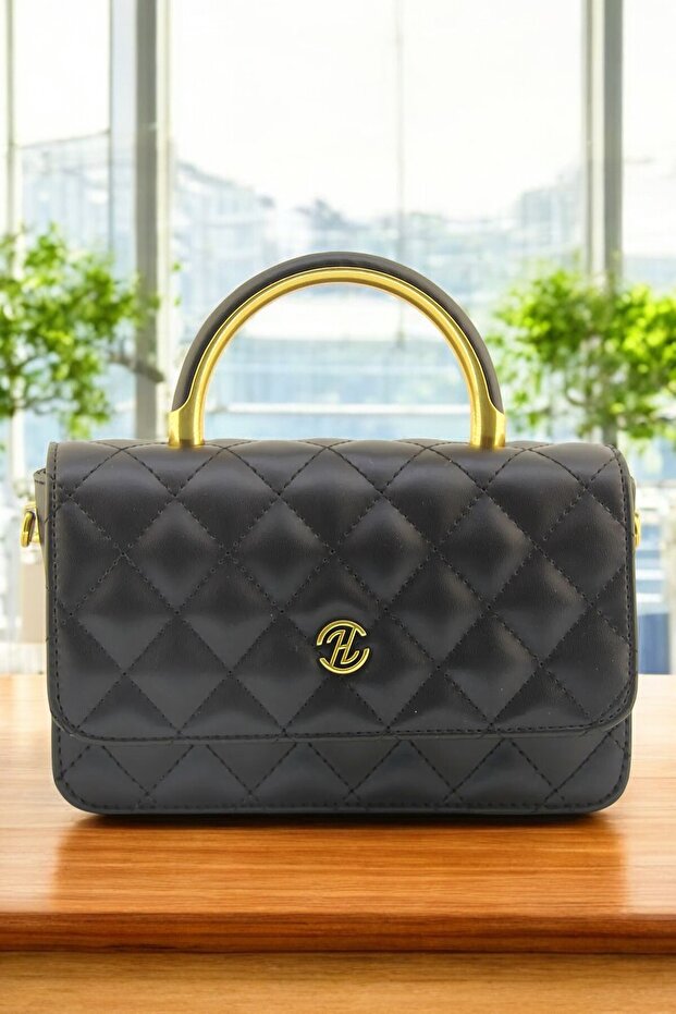 Women's Black Quilted Box Double Strap Cross Evening Dress Hand Bag