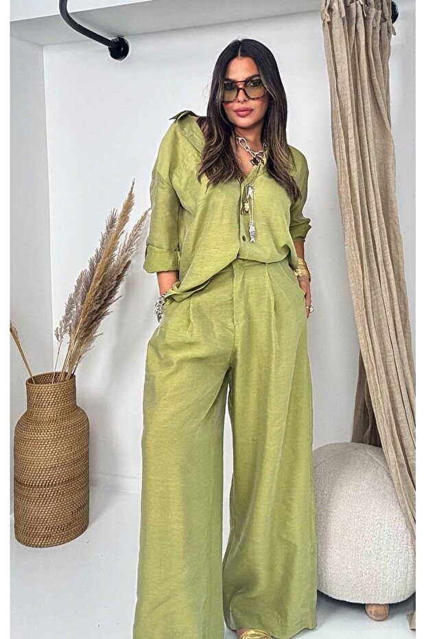 Voile Fabric Draped Suit Khaki