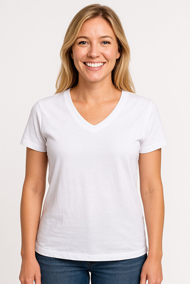 100% Cotton Women's V-Neck T-Shirt with Plain Combed Cotton Slit Detail