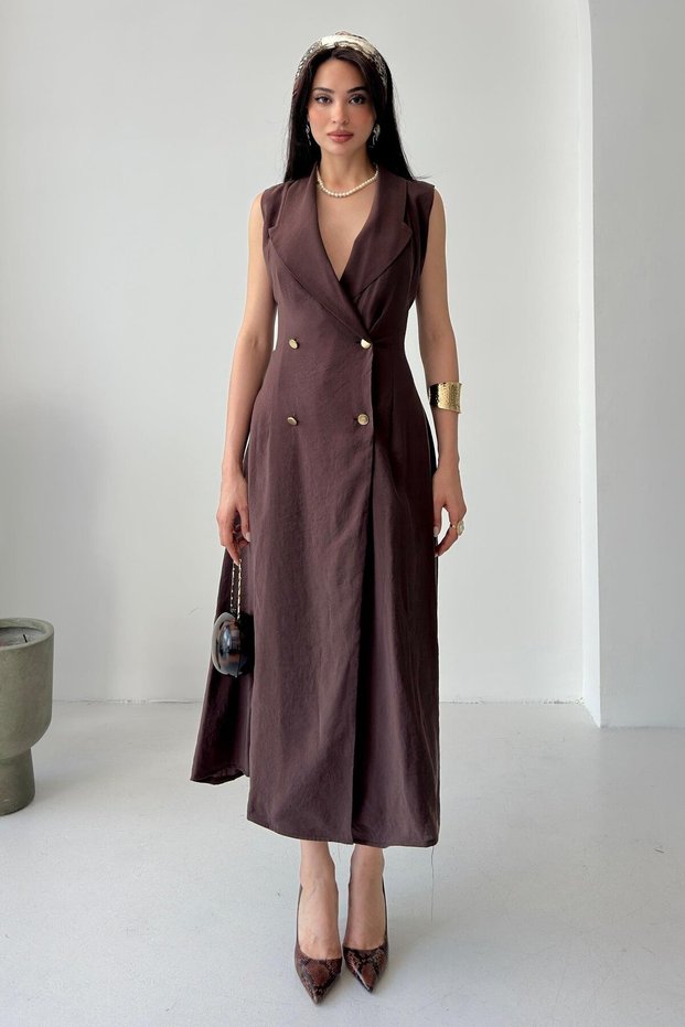 Brown Double-Breasted Collar Buttoned Slit Tencel Dress