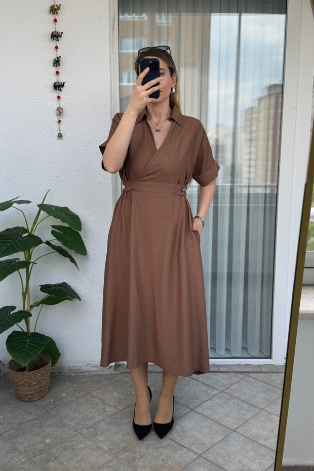 Adjustable Waist Double Breasted Collar Short Sleeve Coffee Dress