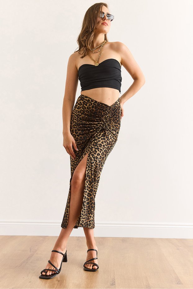 Women's Brown Leopard One Side Slit Gathered Detailed Skirt Etk-19000330
