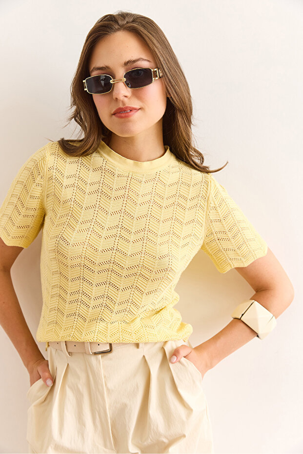 Kadın Sarı Zigzag Ajurlu Merserize Viskon Triko Bluz BLZ-19003010 - 3