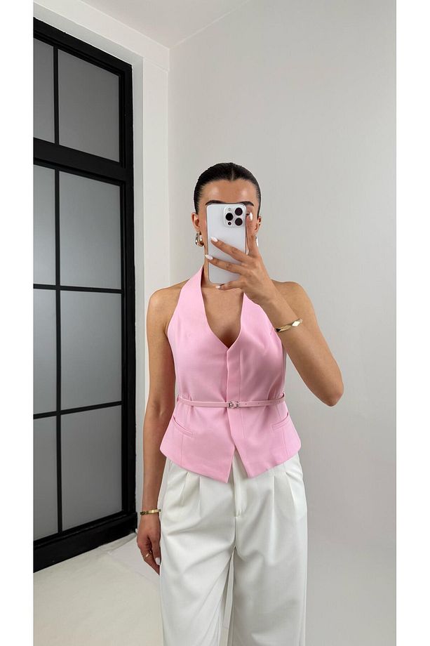 Pembe Önü Düğmeli Kemerli Tasarım Yelek - 2