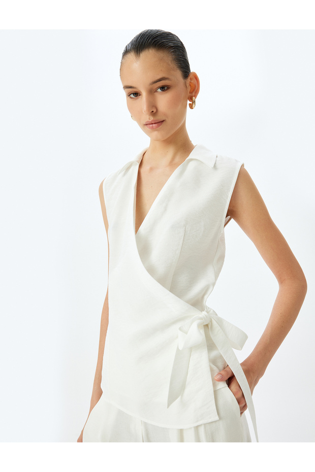 White Sleeveless Envelop Blouse For Women