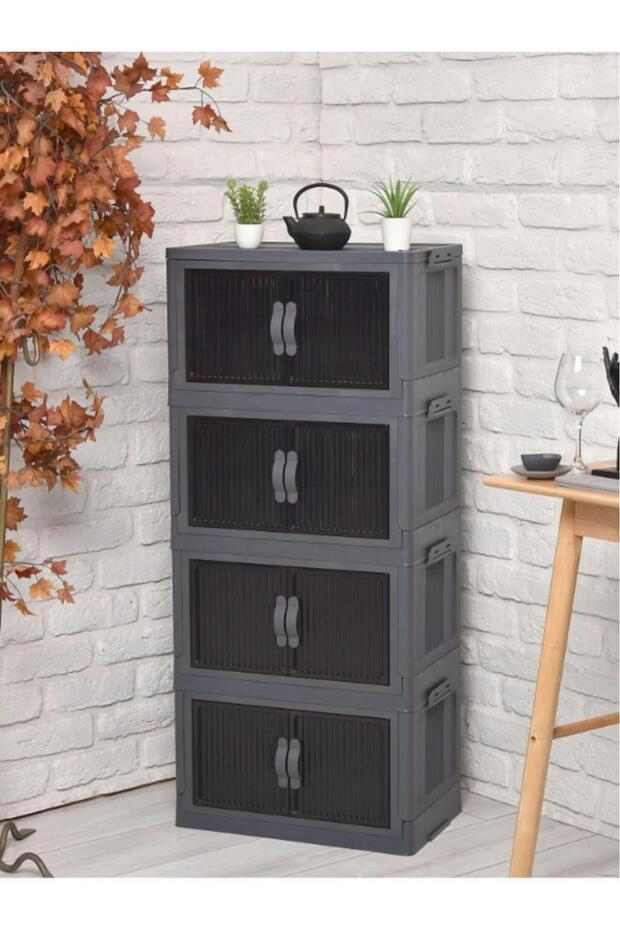 4-Piece Folding Stackable Double Lid Organizer Organizer Box Black