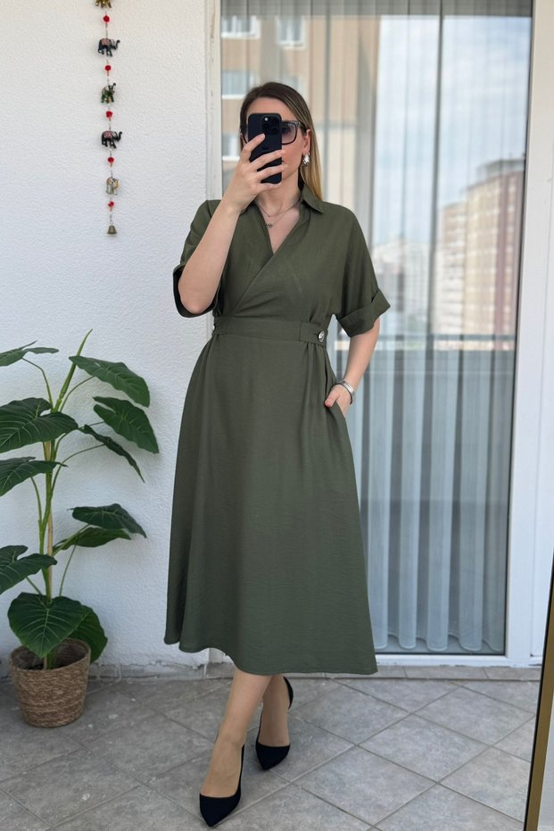 Adjustable Waist Double Breasted Collar Short Sleeve Khaki Dress