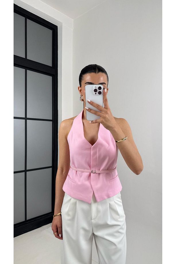 Pembe Önü Düğmeli Kemerli Tasarım Yelek - 3