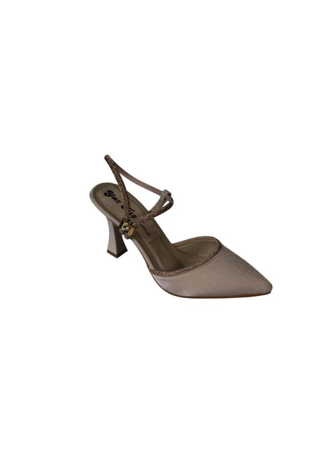 Yazkiş Women's Skin Silver Black Satin Ankle Stone 9cm Candlestick Heel Pointed Toe Evening Dress Shoes