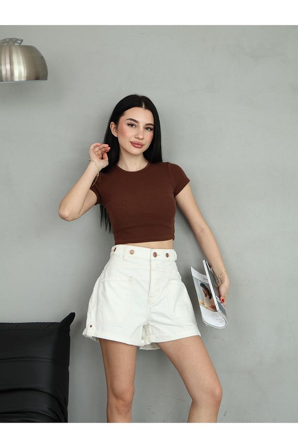 Ekru Kemer Düğmelı Denim Şort - 6