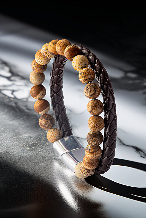 Men's Natural Stone Bracelet - Leather Braided Jasper Natural Stone Men's Imprint