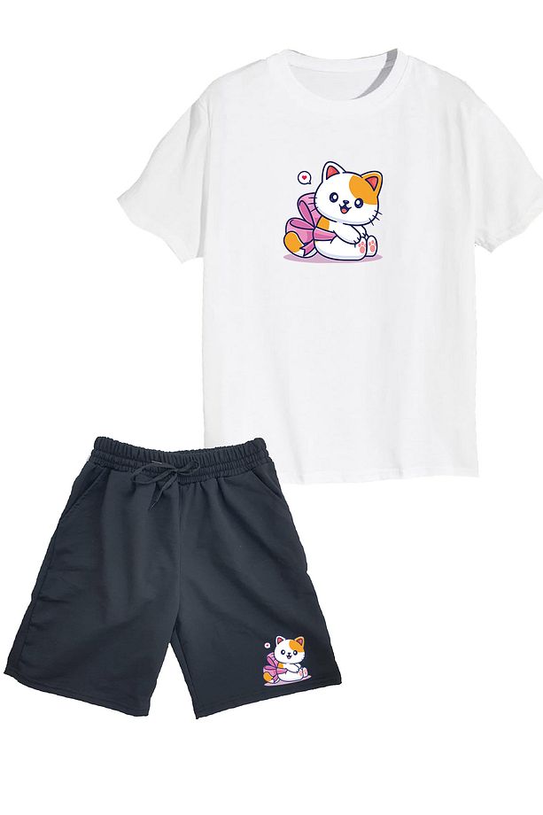 2'li Set Baskılı Kız Çocuk Pamuk Şort Tshirt Takım Kitty Kedi 5 6 7 8 9 10 11 12 13 14 yaş Tişört - 1