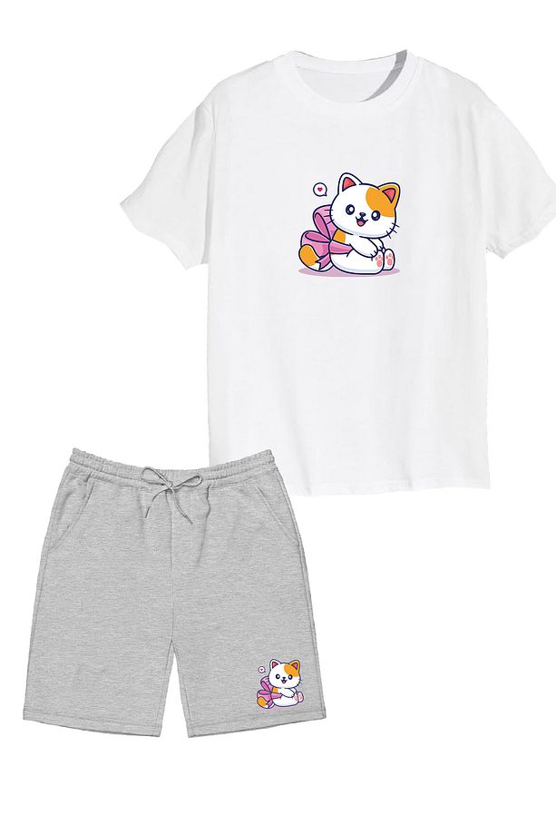 2'li Set Baskılı Kız Çocuk Pamuk Şort Tshirt Takım Kitty Kedi 5 6 7 8 9 10 11 12 13 14 yaş Tişört - 1