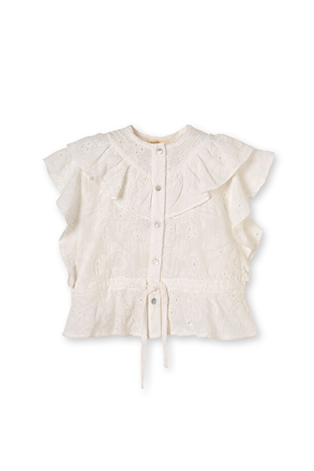 White Brode Flower Patterned Ruffled Cotton Girl's Shirt