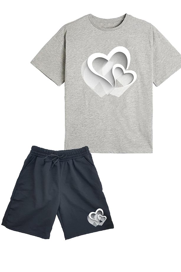 2'li Set Baskılı Kız Çocuk Pamuk Şort Tshirt Takım Kapler 5 6 7 8 9 10 11 12 13 14 yaş Tişört - 1