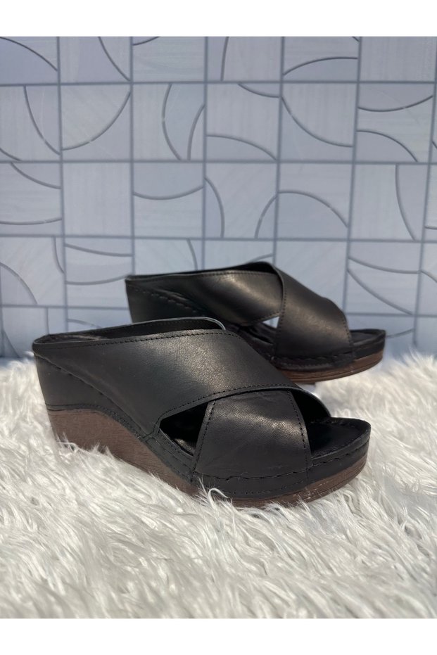 Brn 1035 Women's Black Genuine Leather Cross Band Detail Comford Wedge Heel Daily Orthopedic Slippers