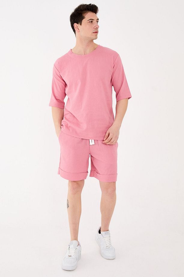 %100 Pamuk Unisex Relaxed Fit Kadın Erkek Şort Gül Kurusu - 3