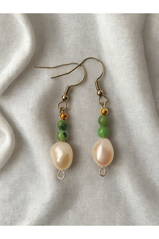 Pearl Earrings - Pearl and Jade Natural Stone Dangle Women's Earrings