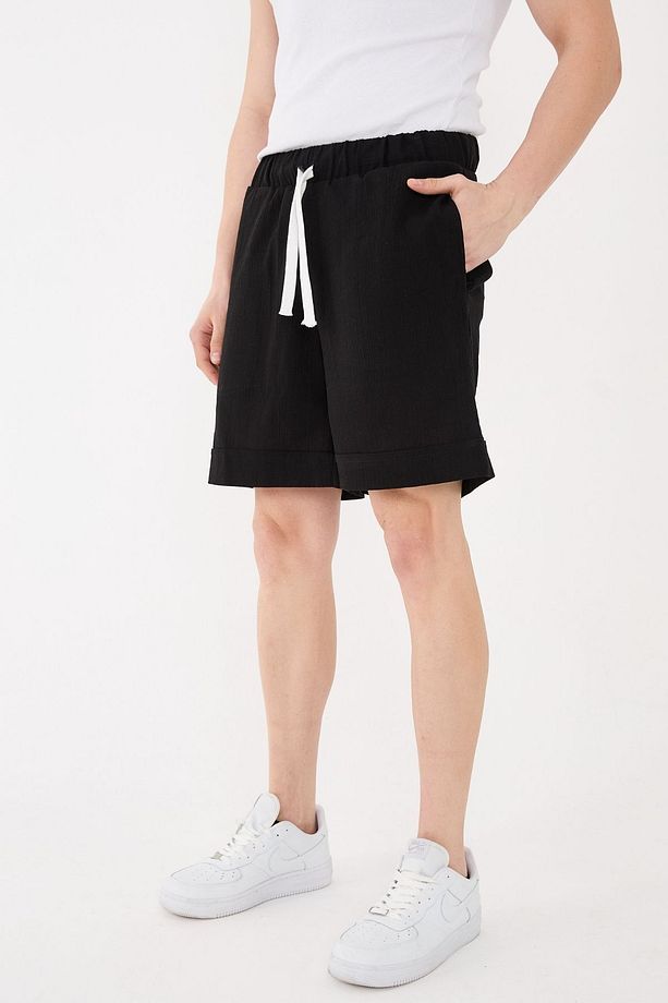 %100 Pamuk Şile Bezi Relaxed Fit Unisex Kısa Siyah Şort - 6
