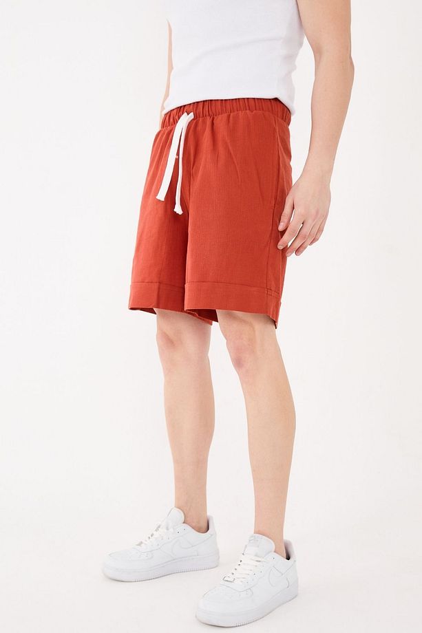 %100 Pamuk Şile Bezi Relaxed Fit Unisex Kısa Şort Kiremit - 1