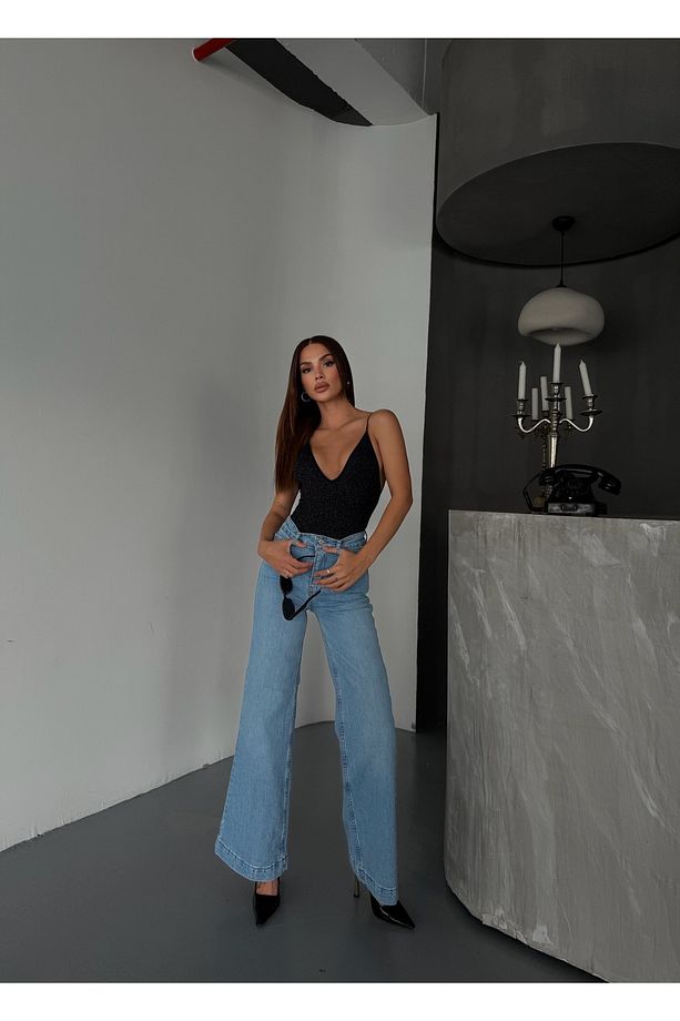 Kadın Yüksek Bel Açık Mavi Flare İspanyol Paça Trend Jean - 4