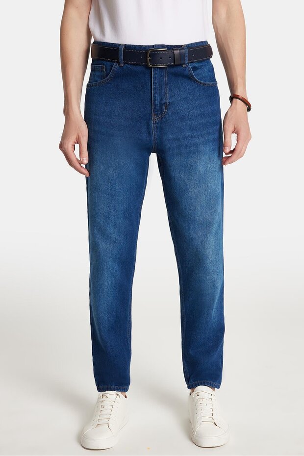 Men's Relaxed Fit Wide Leg Washed Stone Washed Boyfriend Stretchy Navy Blue Jean Denim Pants