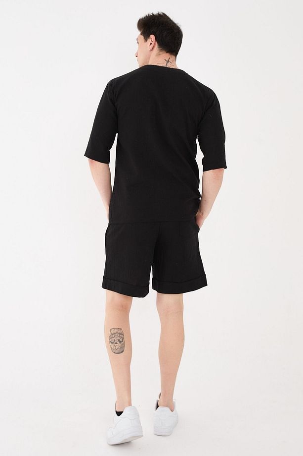 %100 Pamuk Şile Bezi Relaxed Fit Unisex Kısa Siyah Şort - 4